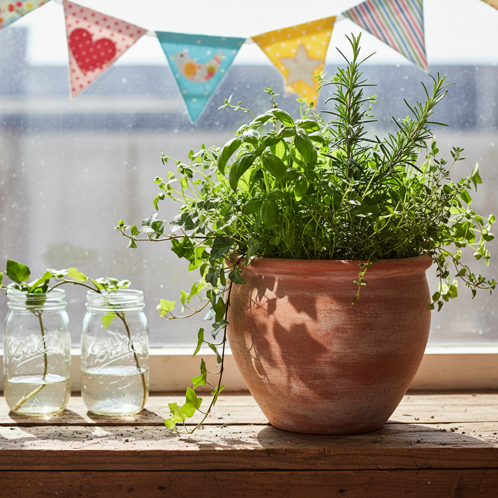 A charming scene featuring a hand-thrown, rounded terra cotta plant pot brimming with lush, vibrant green herbs and trailing vines, nestled on a rustic reclaimed wood windowsill. Bright, natural midday sunlight bathes the entire setting, causing crisp reflections on nearby glass mason jars and casting bouncy leaf-shaped shadows across the sill. The background reveals softly unfocused colorful fabric bunting with whimsical shapes, contributing an upbeat, energetic flair. Captured at eye level with asymmetrical framing, the composition feels fresh and dynamic. This photographic image embodies the earthy, joyful spirit and eco-conscious ethos of a blog for connected, sustainably minded mothers.